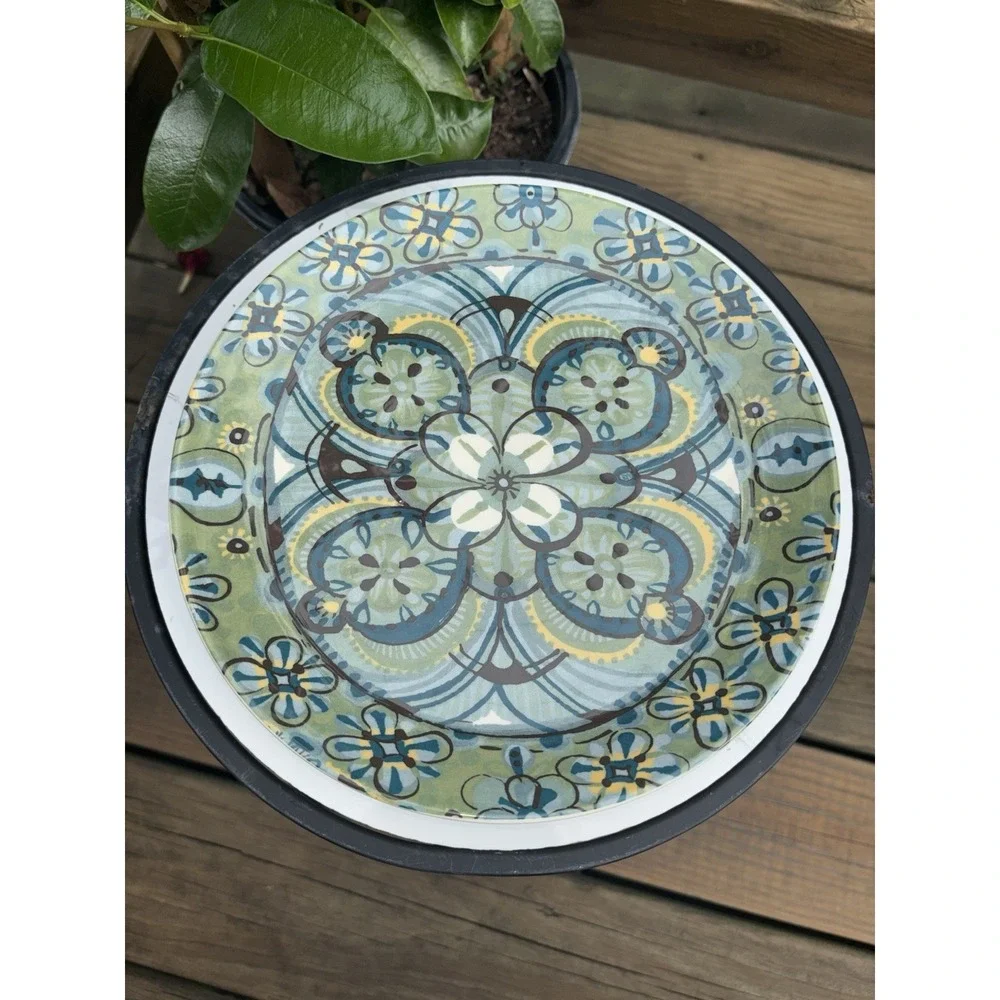 Pottery Barn AMALFI Green Blue Brown Floral Set of 2 Luncheon Salad Plates